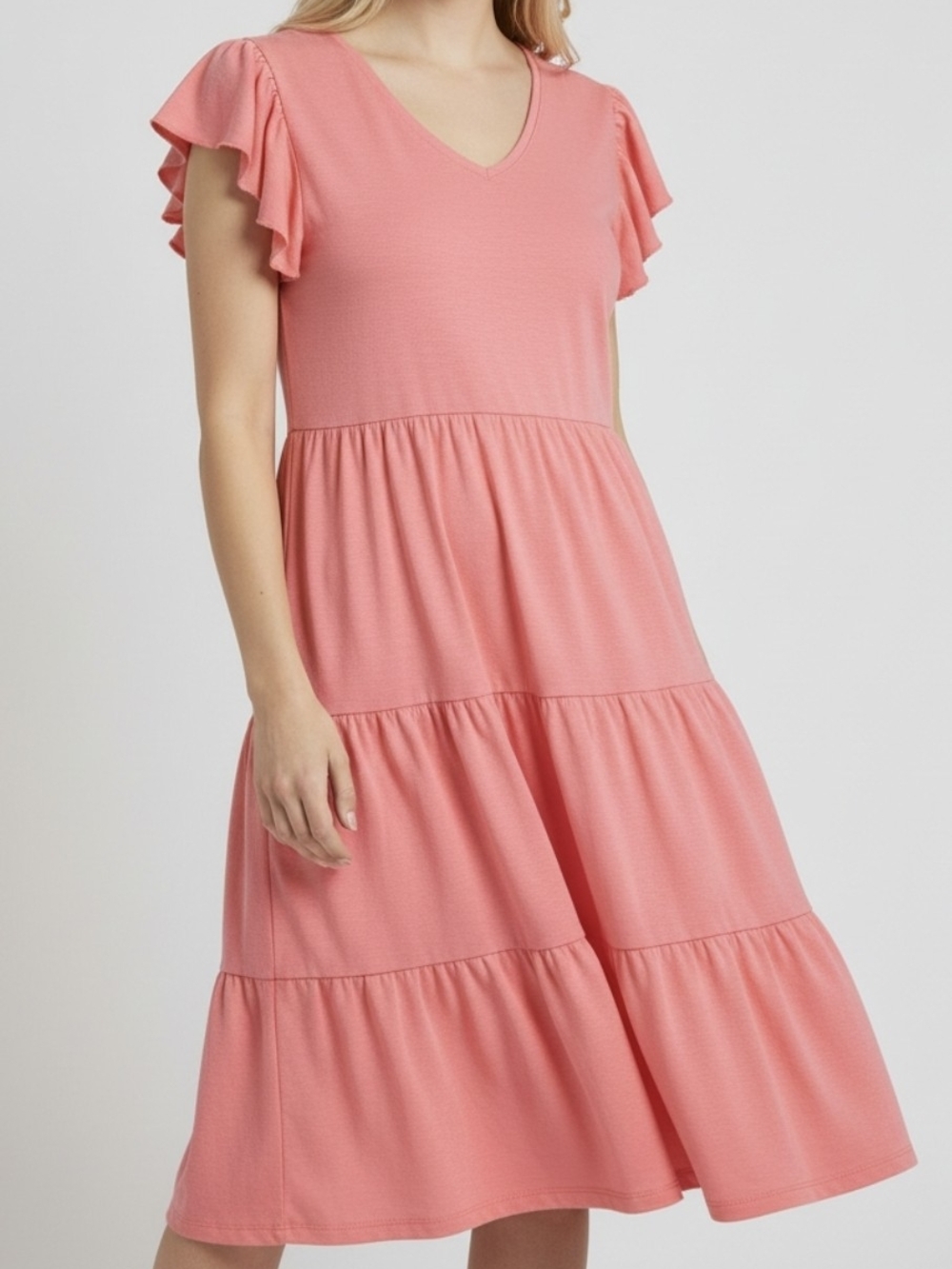 just be Coral Pink Tiered V-Neck Ruffle Sleeve Midi Dress